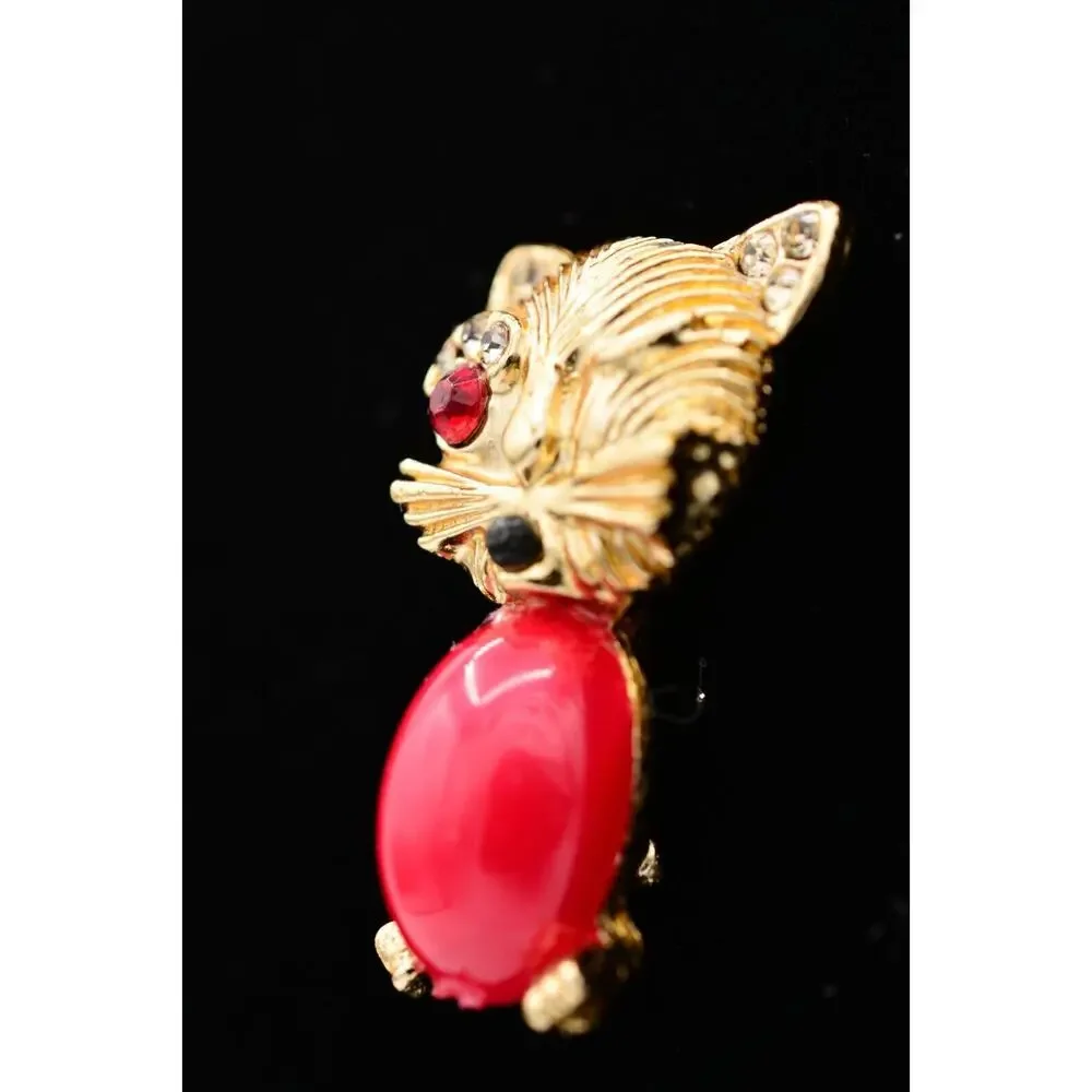 Vintage Winking Cat Pin Brooch Kissy Face Cabochon Crystal Gold 1980s BinATa